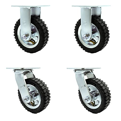 6" Pneumatic Caster Set Of 4-2 Swivel/2 Rigid - Black Rubber Wheel - 1,200 Lbs. Capacity - Service Caster Brand #TOP6
