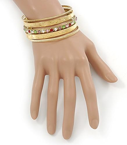 Avalaya Indian Style Multicoloured Crystal Textured Bangle Set of 5 In Gold Tone - 19cm L - Image 4