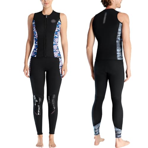 2-Pieces Split Wetsuit Top Men Women Wet Pants, Neoprene Sleeveless Swimsuit Front Zip Diving Suit,Men black,XXL