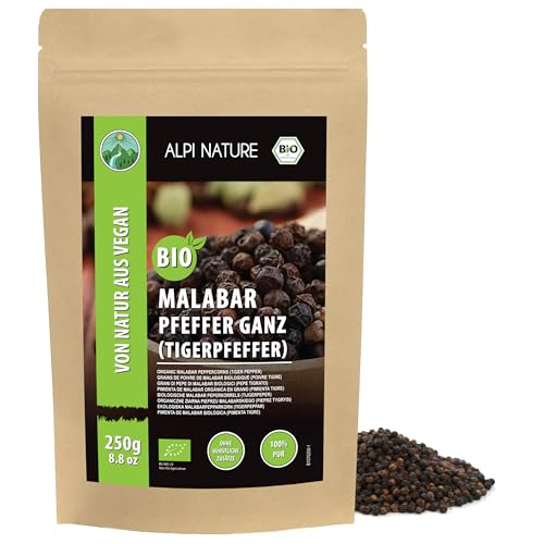 Pimenta preta malabarar orgânica (250 g), pimenta tigre preta orgânica, grãos de pimenta malabarar preta de cultivo orgânico controlado, pimenta tigre testada em laboratório, 100% pura e natural
