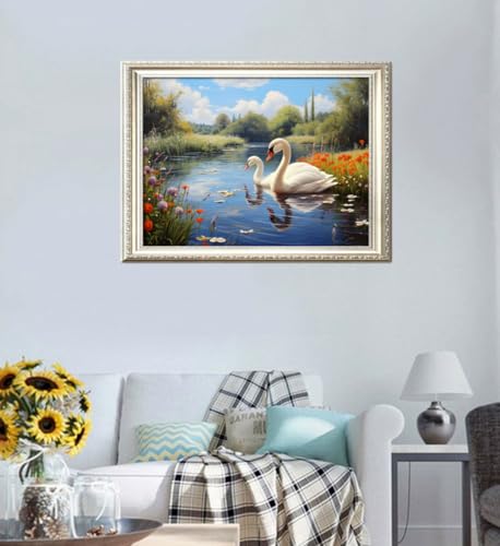 Image of Leczany Cross Stitch Stamped Kit for Adults - Two Swan Lakes | DIY Embroidery Starter Patterns Craft Kit Needlepoint for Beginner | 11CT, 3 Strands | 22.1x15.8 inches