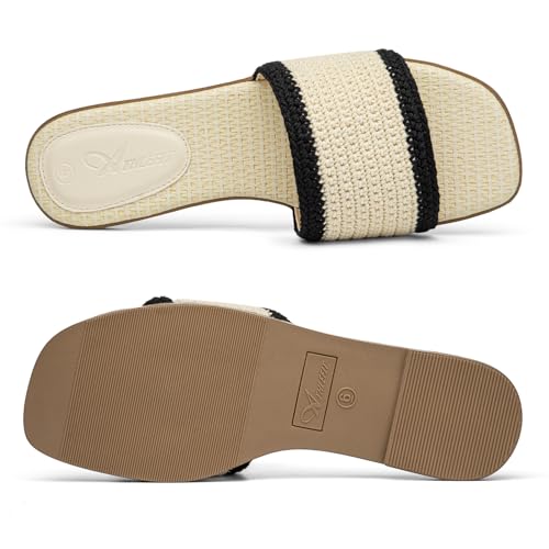 Image of Athlefit Flat Sandals Women Dressy Square Toe Raffia Summer Slide Sandals