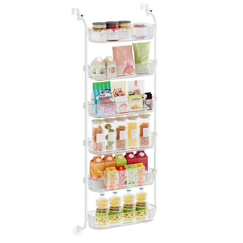 SONGMICS Over-the-Door Pantry Storage Organiser, 6-Tier Door-Hanging Spice Rack with Adjustable Tall Baskets, Space-Saving, for Kitchen Bedroom Bathroom Laundry Room, Transparent KCS046WG01