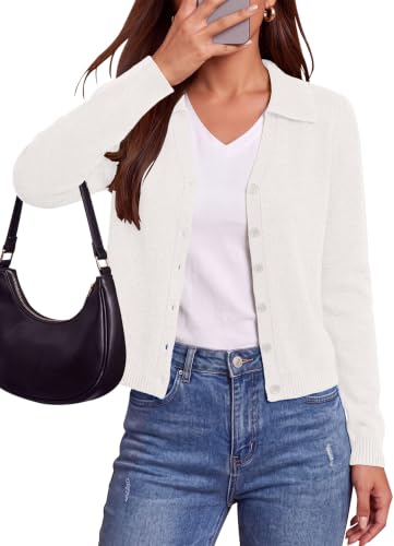 CFLONGE Womens Fall Lightweight Cardigan Button Down Sweaters(White,S)