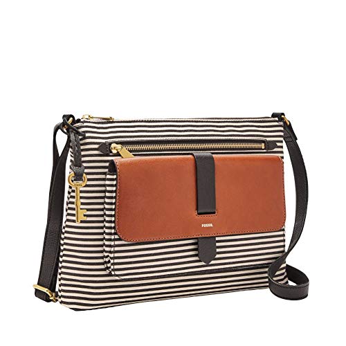 Fossil Women's Kinley Fabric Large Crossbody Handbag, Black Stripe With Women's Logan Faux Leather Rfid Tab Clutch Wallet, Brown #TOP1
