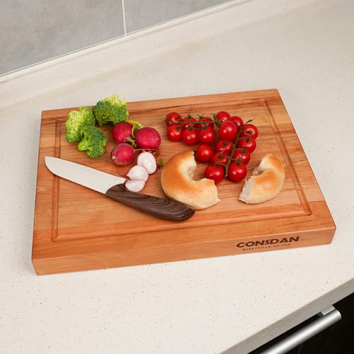 Image of CONSDAN Solid Cherry Wood Cutting Board for Kitchen, USA Grown Hardwood, 16 x 12, with Invisible Inner Handle, Prefinished with Food-Grade Oil, Suitable for Kitchen Edge Grain, 1-1 /2 inch Thick