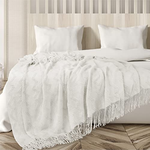 Pavilia White Knit Throw Blanket For Couch, Soft Knitted Boho Blanket, Farmhouse Home Decor Woven Throw, Cozy Decorative Afghan Bed Sofa, Outdoor Summer Fall Gift, Lightweight, Pure White, 50X60 #TOP6