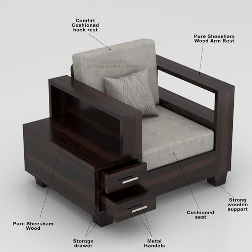 Image of Sheesham Wooden 1 Seater Sofa Set for Living Room | Solid Wood Sofa with Side Box Storage & Cushion | Rosewood Sofa Set for Home & Office | Lounge (Walnut, 1 Seater)