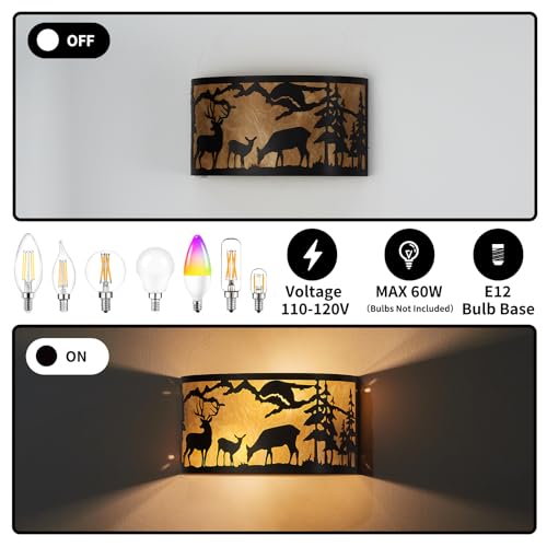 Image of Farmhouse Deer Wall Sconces, E12 Base Rustic Industrial Wall Lights for Bedroom, Living Room, Hallway, Stairway, and Porch Lighting