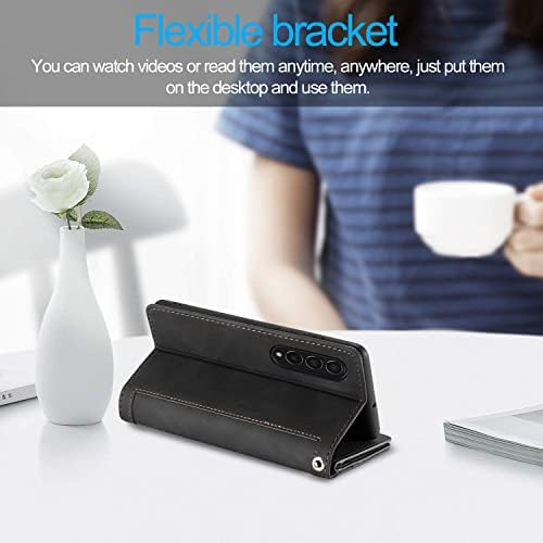 EYZUTAK Wallet Phone Case for Samsung Galaxy Z Fold 4, Retro Matte 9 Card Holder Slots Zipper Pocket Case PU Leather Magnetic Closure Kickstand with Wrist Strap Folio Flip Case - Black