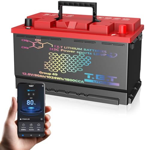 Group 49 LiFePO4 Lithium Car Battery 12.8V 80Ah 1800CCA Start-Stop Automotive Battery Maintenance Free H8 Compatible Lightweight Rechargeable 24 Month Warranty