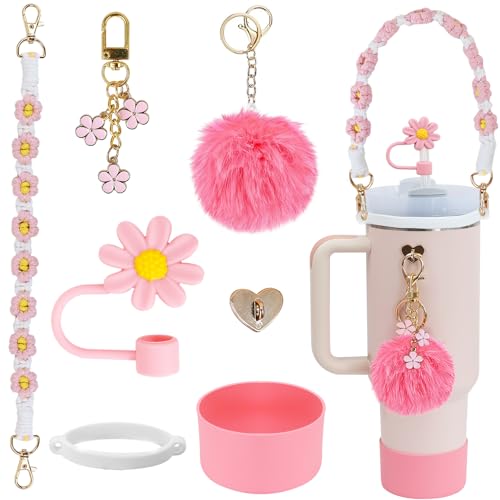 LACGO 7PCS Stanley Cup Accessories Including Silicone Boot Boho Woven Handle Strap Straw Cover and Charms Stanley Accessories for 30/40oz TumblerPink