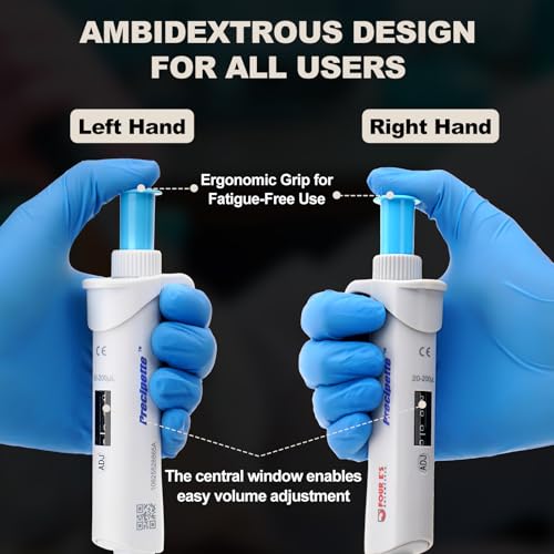 Image of 4E's USA Lab 20-200μL Pipette: Single-Channel Adjustable Micropipette with Color-Coded Top (Blue), 4 Digit Display, Universal Tip Cone, High Accuracy, ISO 8655 Calibrated & Lower Portion Autoclavable