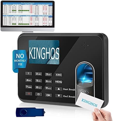 KINGHOS Fingerprint Time Clock with Free Software, Auto Calculate Overtime and Work Hour/Deduct Lunch Time, Biometric Employee Time Attandence Machine for Small Business and Office NO Monthly Fee