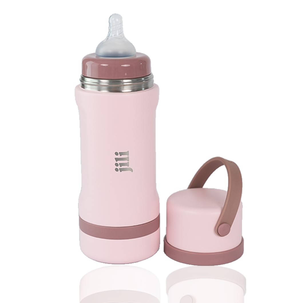 Jili All-in-One Baby Bottle, Insulated Stainless Steel Bottle with Formula Container, Anti-Colic Nipple, and Leak-Proof Lid, Baby Essentials for Travel, BPA and Phthalates-Free, Rose, 8 oz.
