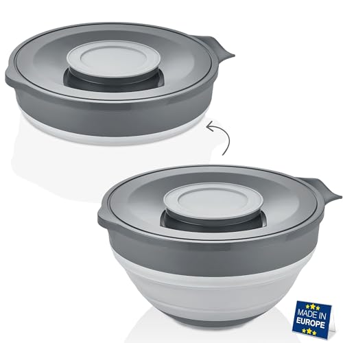 Hakan Collapsible Mixing Bowl with Lid | 3.3QT Silicone & Plastic Camping Bowl | 2-in-1 Foldable Food Storage Container, Splash Guard Lid | Space-Saving Salad Kitchen Dough & Meal Prep, 3.2L