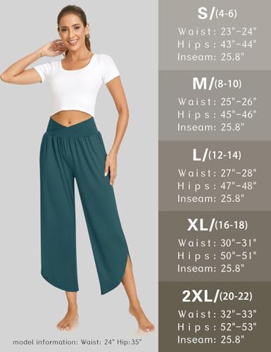 Image of TARSE Women's Wide Leg Yoga Pants Cross High Waist Flowy Split with Pockets | Comfy Lightweight Stretch, Flare Hem Cropped, Loose Dance Pants, Travel & Lounge, Everyday Casual Wear