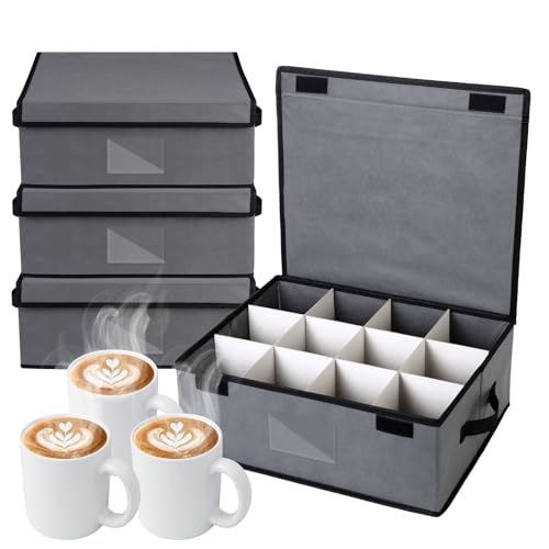 Suzile 4-piece Stemware Storage Case Set Wine Glass Storage Box with Dividers, Lid and Handle, Includes 48 Protective Films, China Storage Containers for Glassware Protection (Mug Storage)