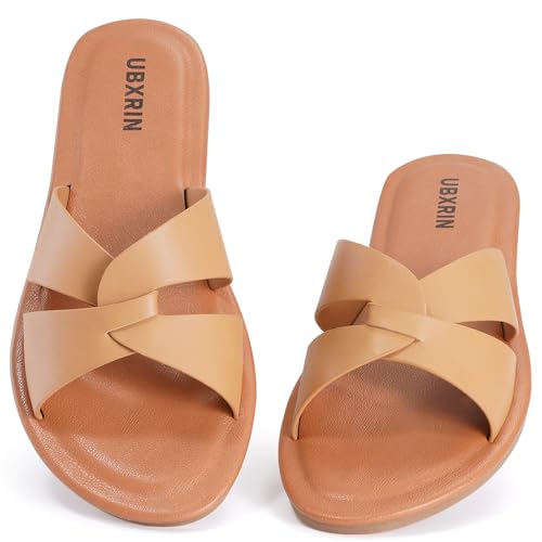 UBXRIN Womens Minimalist Memory Foam Comfortable Slide Sandals Summer Casual Soft Leather Flat Slippers,Taupe US8