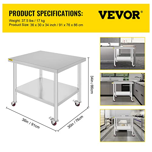 Mophorn 30X36X34 Inch Stainless Steel Work Table 3-Stage Adjustable Shelf With 4 Wheels Heavy Duty Commercial Food Prep Worktable With Brake For Kitchen Prep Work #TOP6