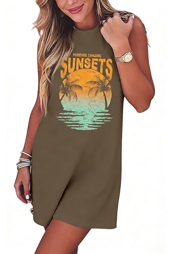 Image of Sun Salt Sand Coconut Tree Tank Mini Dress for Women Sleeveless Beach Praty Shirts Summer Vacation Short Mini Dresses