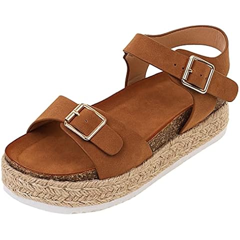 XIEWANG Women's Open Toe Ankle Strap Mid Heel Platform Espadrilles Cork Wedge Sandals (6, Brown) Cover