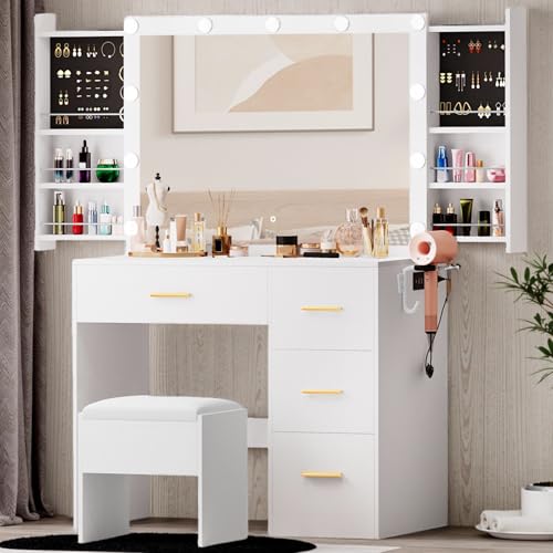 DWVO Lighted Mirror Vanity Table with 4 Drawers & Jewelry Organizer, Makeup Desk with 3-Mode LED Lights and Stool