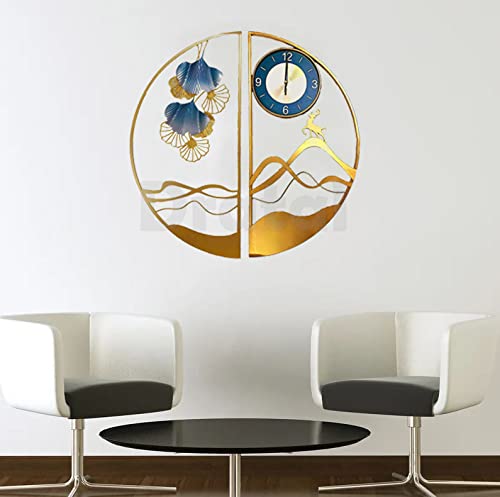 Dratal 3D Sunburst Metal Wall Clocks,Round Ginkgo Leaf Design Large Silent Wall Clock,Deer Design Modern Living Room Bedroom Kitchen Non Ticking Quartz Decoration Clock