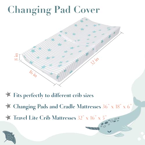 My Little Zone Nautical Changing Pad Cover For Boys - Cotton Changing Table Mattress Pad For Baby - Ocean Whales, Narwhals And Star Fishes, 2 Pack #TOP1
