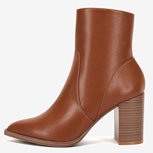 LAICIGO Women's Pointed Toe Ankle Boots Chunky Stacked Heel Side Zipper Faux Leather Ankle Booties4