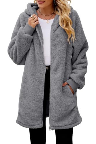 ReachMe Womens Fleece Zip Up Jacket with Pockets Oversized Long Sherpa Hoodie Fuzzy Jackets Warm Teddy Coat