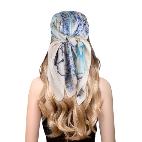 EXTREE Fashion Silky Satin Headscarf for Women Girls: Exquisite Pattern Lightweight Silk Graceful Scarfs 27.5 x 27.5 inches Blue and Green Peony Fantasy