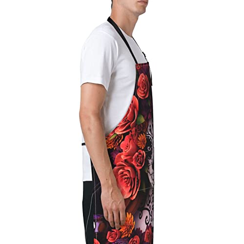 Sugar Skulls And Roses Day Of Dead Halloween Apron With 2 Pockets Bbq Cooking Kitchen Bib Chef Aprons For Women Men Adjustable Waterproof Stain Resistant #TOP2