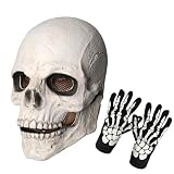 KJOCOS Skull Mask Moving Jaw Halloween Creepy Skeleton Latex Mask with Gloves Full Head For Adults Party Costumes (White)