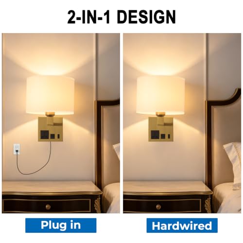 Image of Plug in Wall Light, Wall Lamp with Brass Base Cylindrical Shape | Wall Light for Living Room Bedroom Hotel, Bedside Lamp Bulb Included, Wall Mounted Lamp with AC Outlet & USBA+C Charging Port