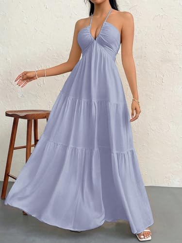Image of Narecte Women's Maxi Summer Dresses Halter V Neck Beach Dresses for Women A-Line Casual Dress for Vacation
