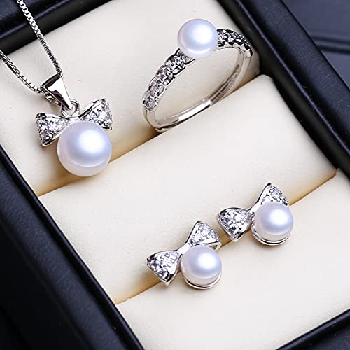 LOKILOKI LOKILOKI Collar con Colgante De Plata De Ley 925, Conjuntos De Joyas De Perlas Naturales para Mujer, Pendientes Bohemios con Lazo, Anillos De Fiesta
