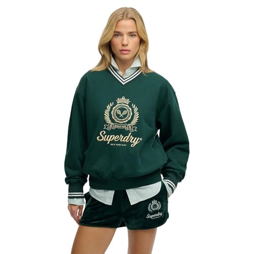 Superdry Damen Country Club V-Ausschnitt-Sweatshirt in lockerer Passform Dunkles Piniengrün 42