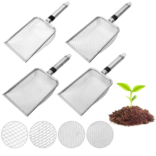 MIUUIPI 4 filtri da giardino in acciaio inox, colino da giardino, colino per compost con manico, colino da giardino, setaccio per sabbia (maglia 2/2,8/3,8/5 mm), inserti per colino per terra, compost