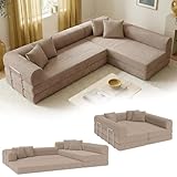 skølm Lofn Ecksofa 4 Sitzer – Wohnlandschaft L-Form aus Cord – Klappsofa 300cm breit Taupe – ausklappbar zum Schlafsofa & Bodensofa – Vollschaum Sofa mit 4 Kissen & Stahlgestell – Cloud Couch boneless