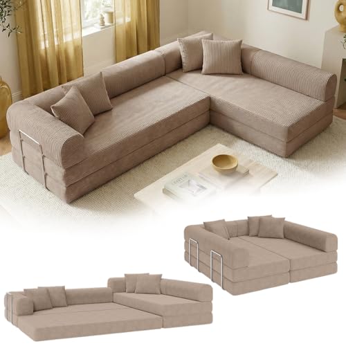 skølm Lofn Ecksofa 4 Sitzer – Wohnlandschaft L-Form aus Cord – Klappsofa 300cm breit Taupe – ausklappbar zum Schlafsofa & Bodensofa – Vollschaum Sofa mit 4 Kissen & Stahlgestell – Cloud Couch boneless skølm Lofn Ecksofa 4 Sitzer – Wohnlandschaft L-Form aus Cord – Klappsofa 300cm breit Taupe – ausklappbar zum Schlafsofa & Bodensofa – Vollschaum Sofa mit 4 Kissen & Stahlgestell – Cloud Couch boneless