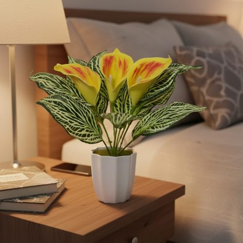 Image of fancymart Artificial Calla Lily Plant with Pot - 30 cm Height Decorative Flower Leaves (Pack of 1) | Realistic Faux Plant for Home & Office Decor | Table, Shelf & Desk Decoration