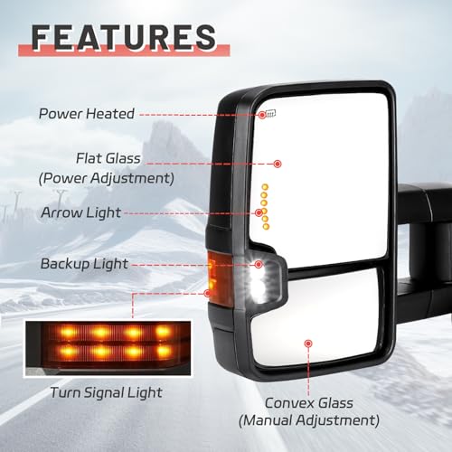 PZ Towing Mirrors Compatible for 2007-2014 Chevy Silverado(07 New Body) GMC Sierra Tahoe Yukon Avalanche Suburban 1500 2500 HD 3500 HD Power Heated Turn Signal Arrow Light Manual Folding Pair Black - Thumbnail 2