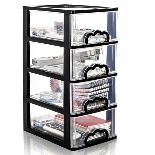 Cididu Desktop Organizer with 4 Drawers, Clear Plastic Storage Drawer Unit, Small Desk Organizer Storage Box, Durable Storage Bin Container Case for Countertop Stationery Pens Makeup Office Supplies