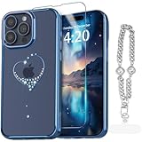 KINGXBAR for iPhone 15 Pro Case Women Girls Bling Heart Clear Cute, Glossy Luxury Plating Sparkle Crystals Girly Protective Phone Cover 6.1 inch for Blue Titanium