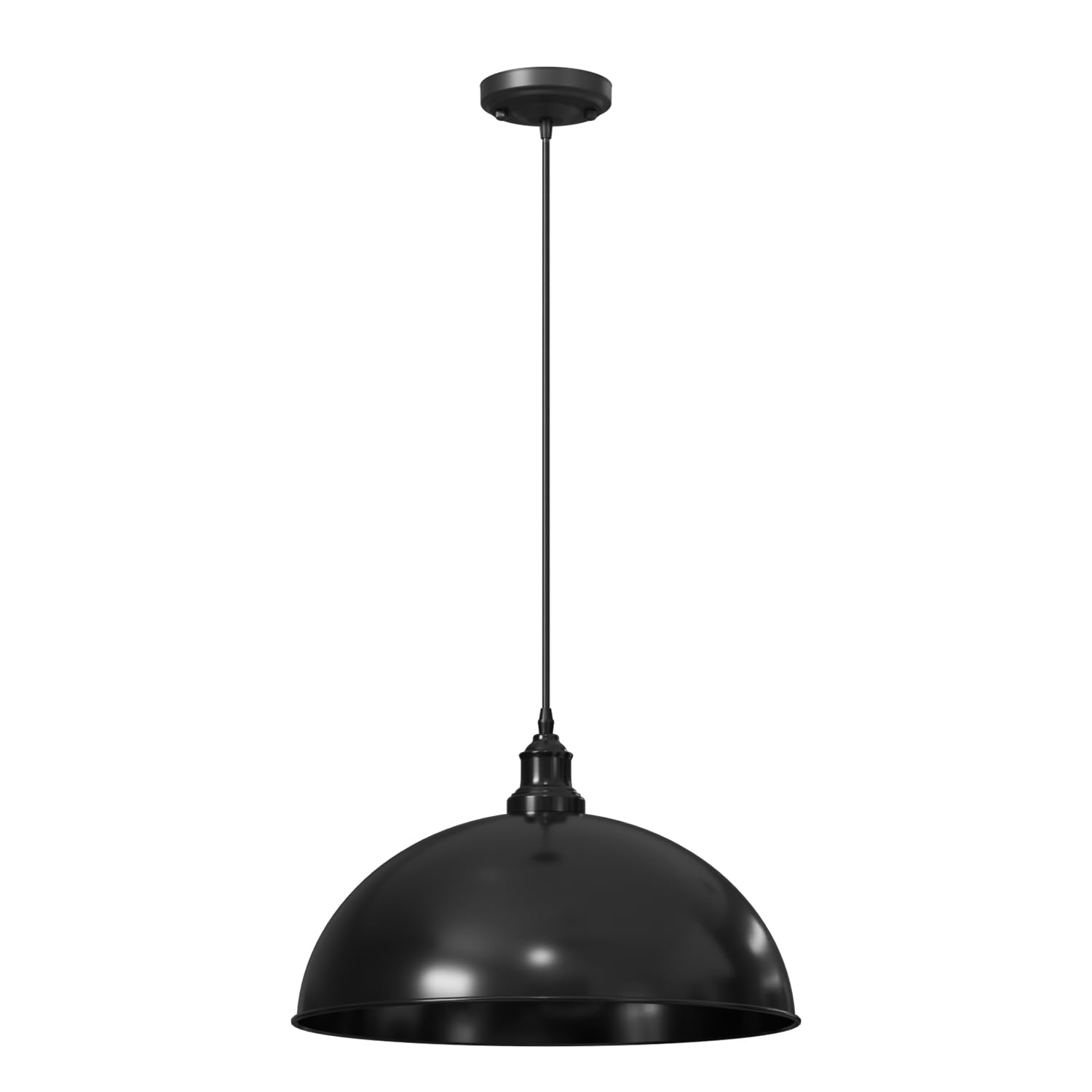 DC VOLTAGE Modern Pendant Light – Shiny Black 40cm Dome Metal Light Shade 95cm Adjustable Hanging Ceiling Lamp Fixture for Kitchen Bedroom Living Room Restaurant Bar