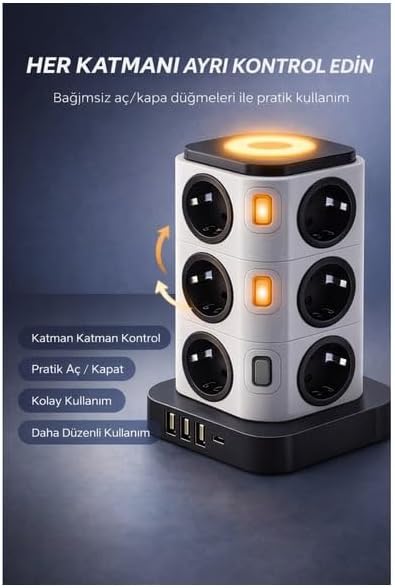 12’li Kule Tipi Çoklu Priz, 3680W Akım Korumalı, 3 USB + 1 Type-C Hızlı Şarj, Gece Lambalı, Bağımsız Anahtarlı, Uzatma Kablosu (1-2m) – Ev & Ofis için