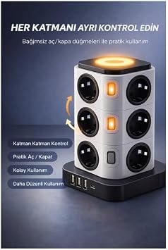 12’li Kule Tipi Çoklu Priz, 3680W Akım Korumalı, 3 USB + 1 Type-C Hızlı Şarj, Gece Lambalı, Bağımsız Anahtarlı, Uzatma Kablosu (1-2m) – Ev & Ofis için