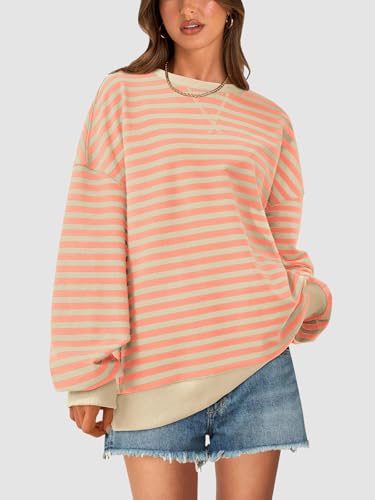 Image of PRETTYGARDEN Womens Striped Oversized Sweatshirt Color Block Crew Neck Long Sleeve Casual Loose Pullover Top Y2K Clothes