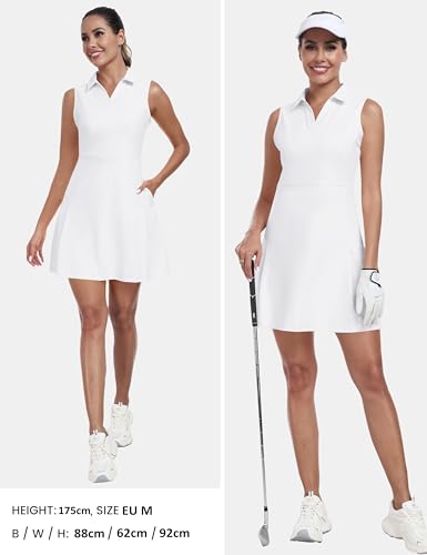 MoFiz Tenniskleid mit Hose Damen Ärmellos V-Ausschnitt Sommer Golf Sportkleider Freizeitkleider Polokleid mit Reißverschlusstaschen Weiß EU S